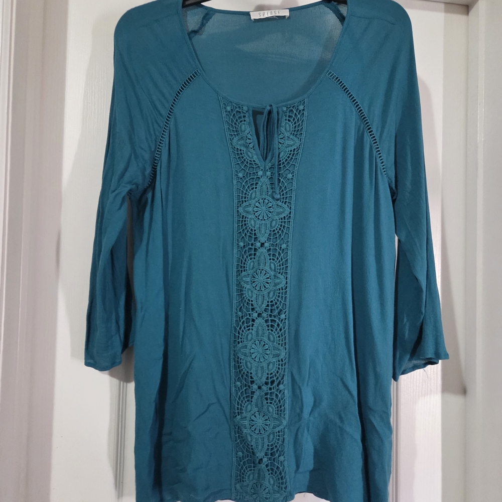 Tresics Teal Tunic with Crochet Accent
